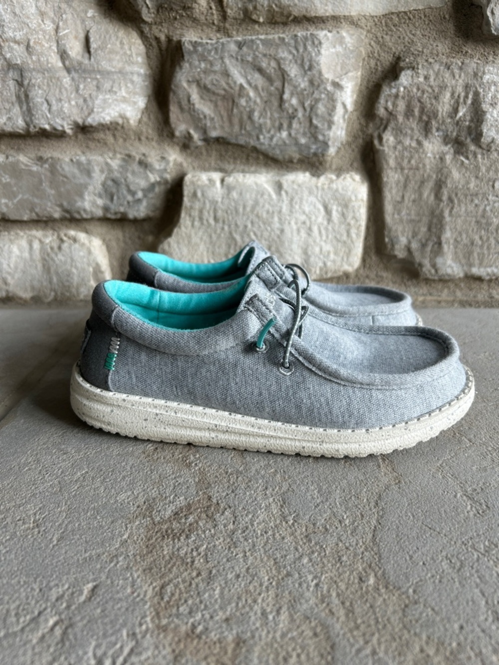 Hey Dude Wally Youth Stretch Grey Slip-On Shoes with Teal Interior